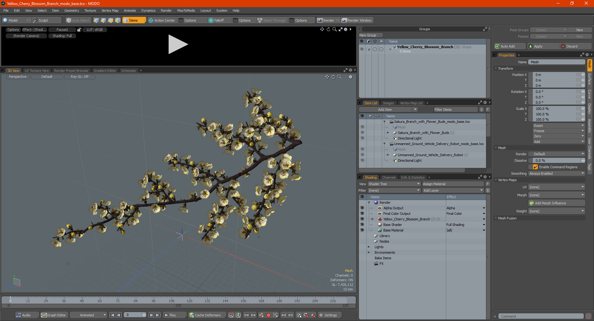 3D Yellow Cherry Blossom Branch model
