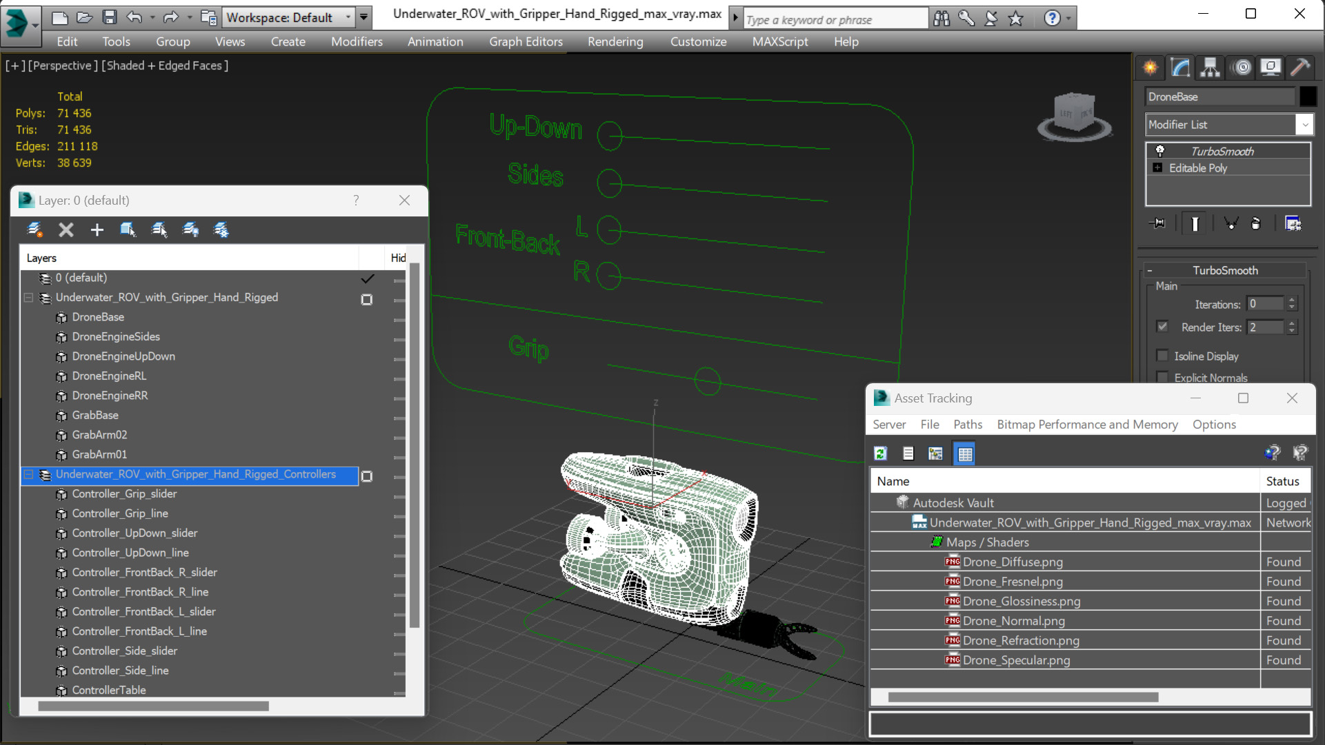 Underwater ROV with Gripper Hand Rigged 3D model