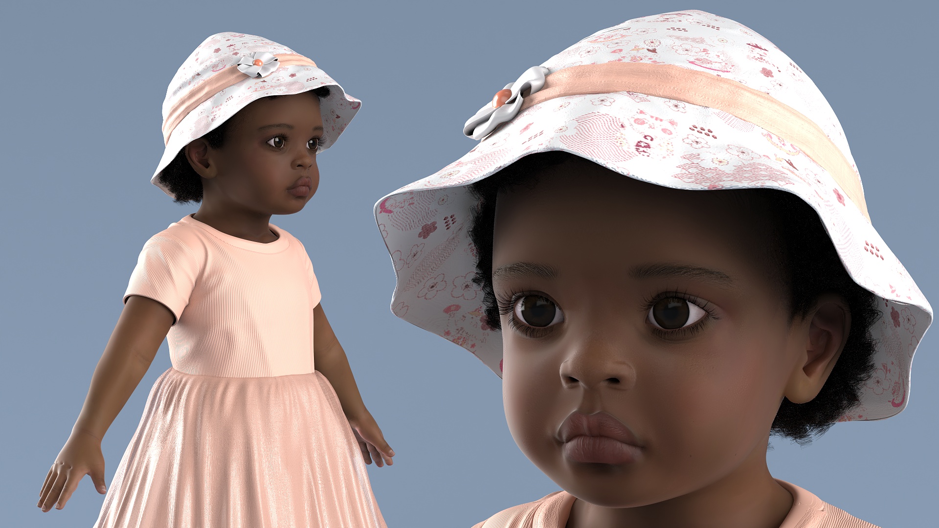 Black Baby Girl Light Skin in Summer A-Pose Fur 3D