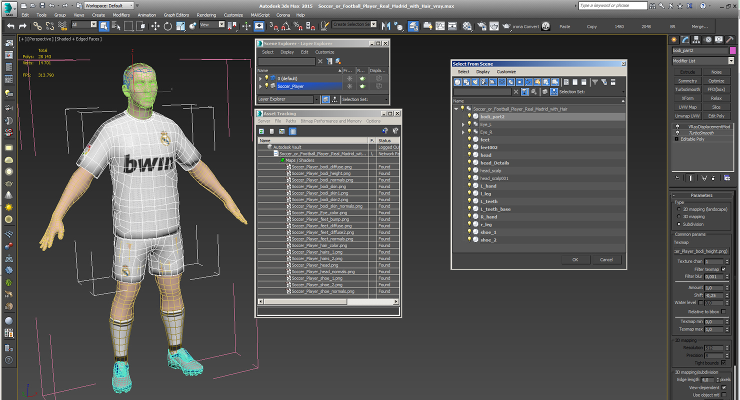 Soccer or Football Player Real Madrid with Hair 3D