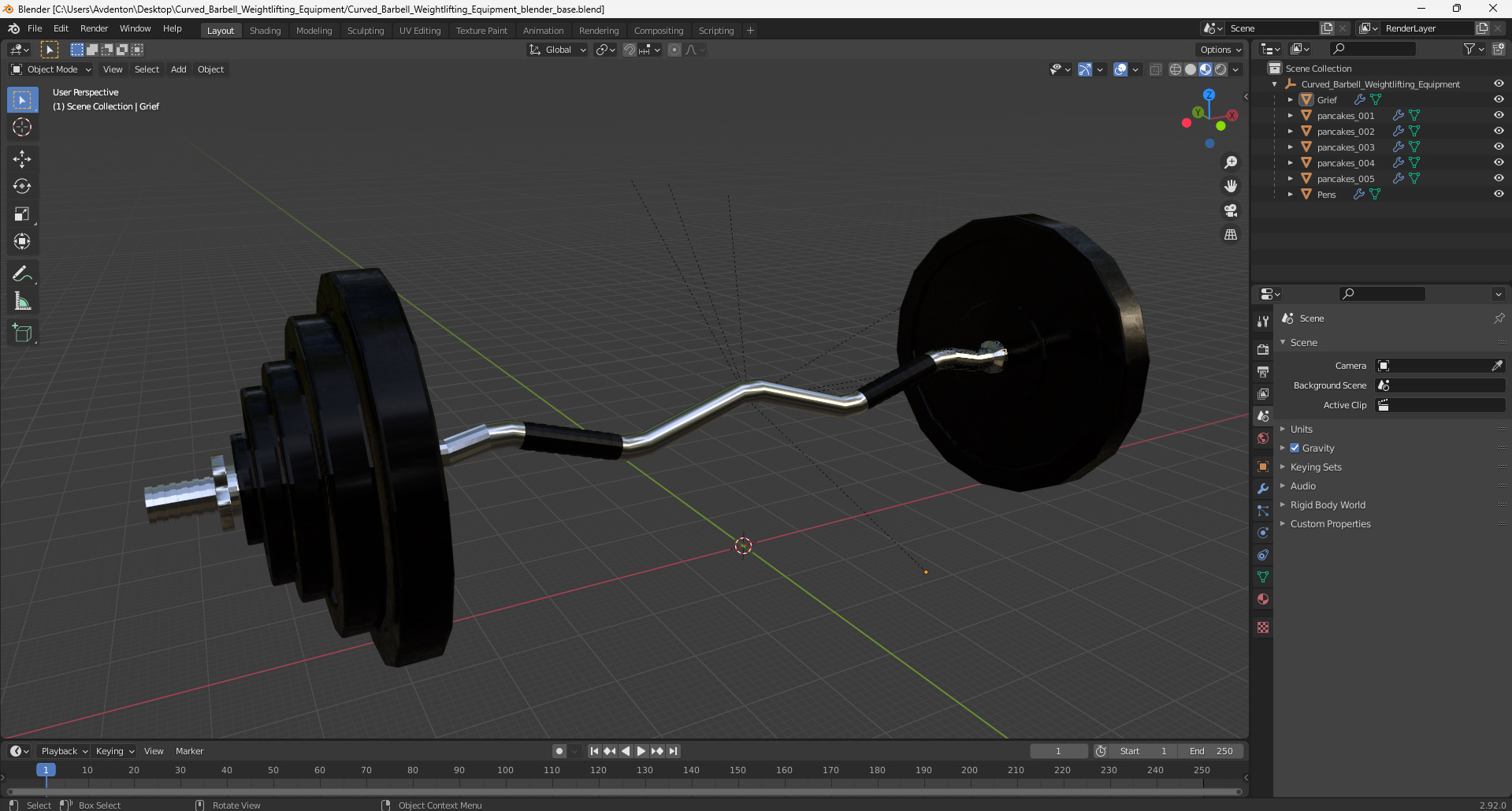 3D Curved Barbell Weightlifting Equipment model