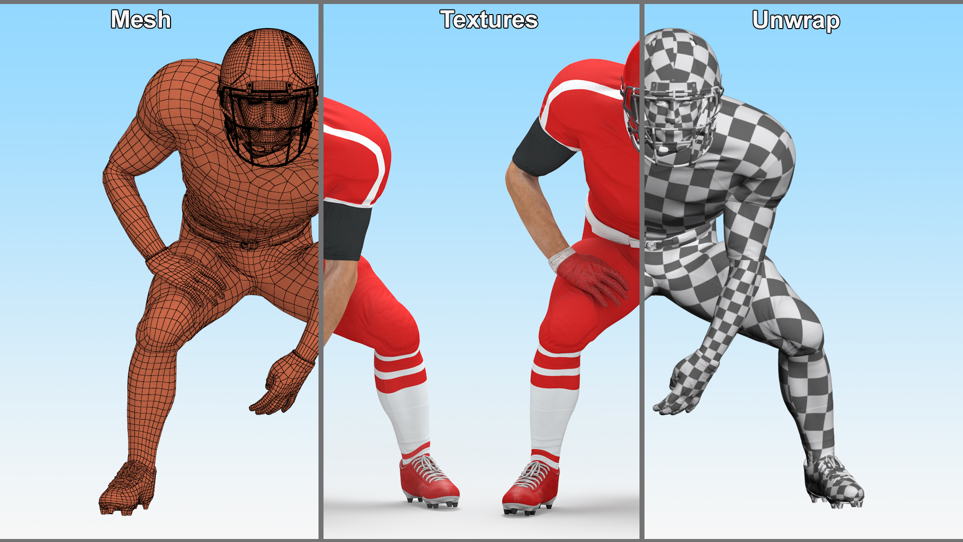 3D Crouching American Football Player Red Uniform