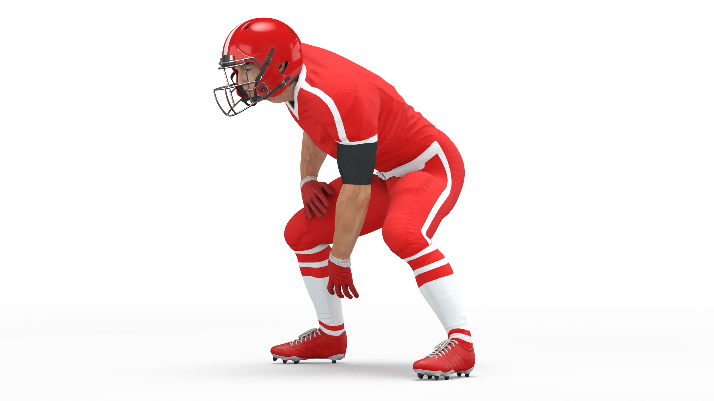 3D Crouching American Football Player Red Uniform