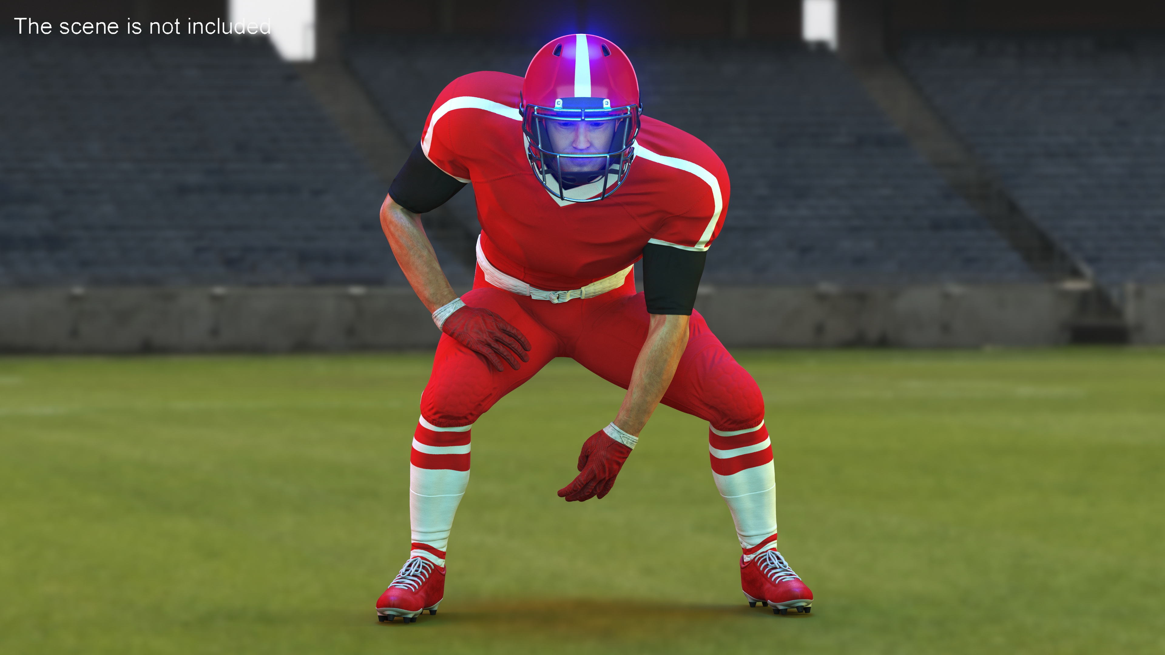 3D Crouching American Football Player Red Uniform