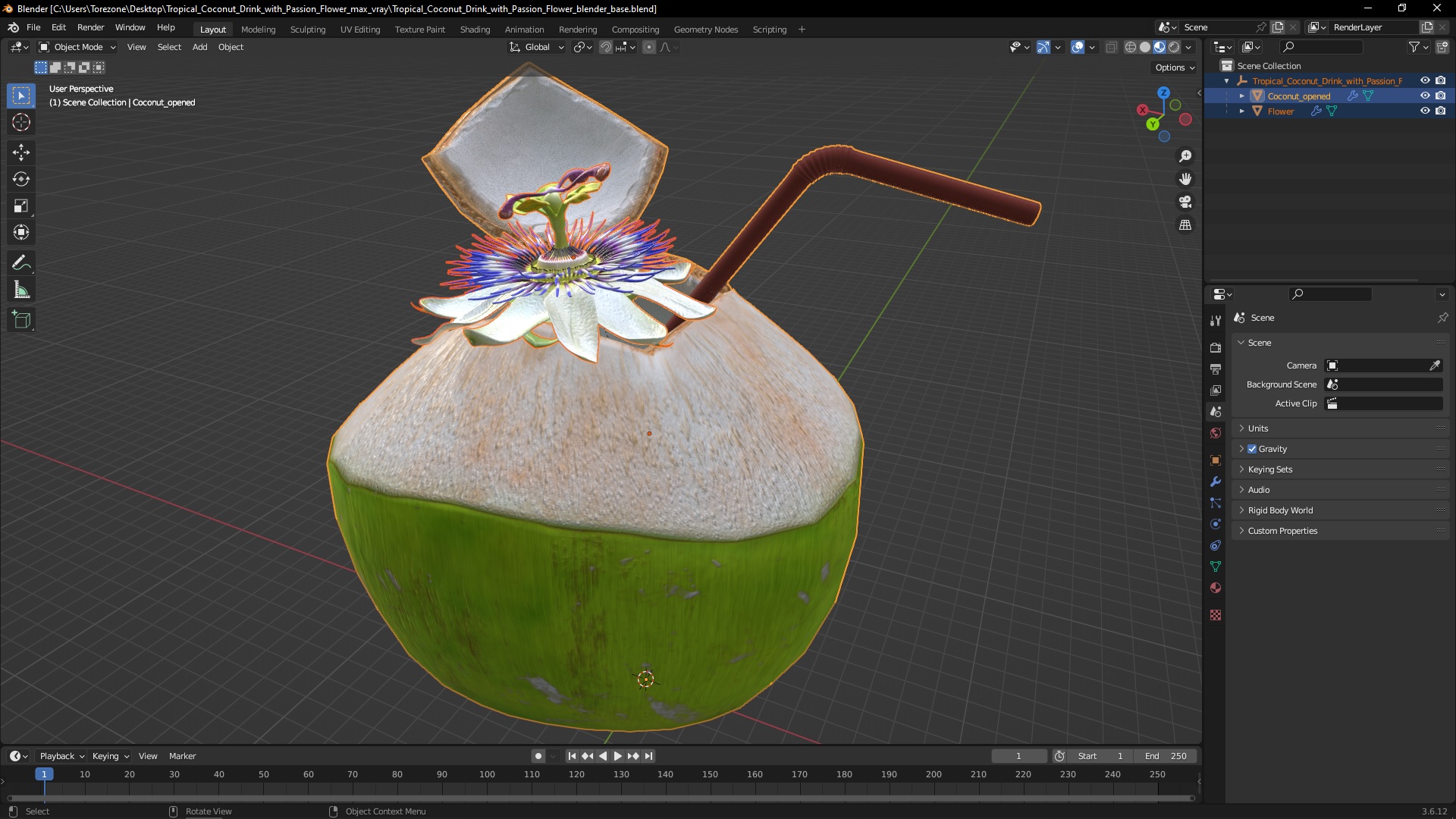 Tropical Coconut Drink with Passion Flower 3D