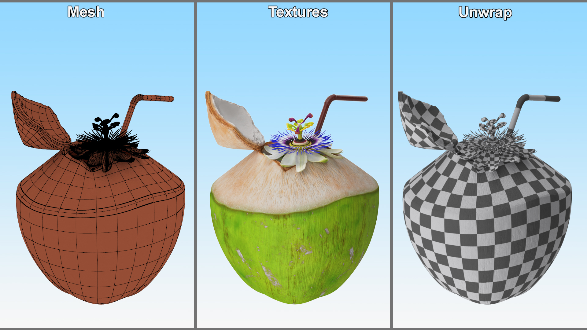 Tropical Coconut Drink with Passion Flower 3D