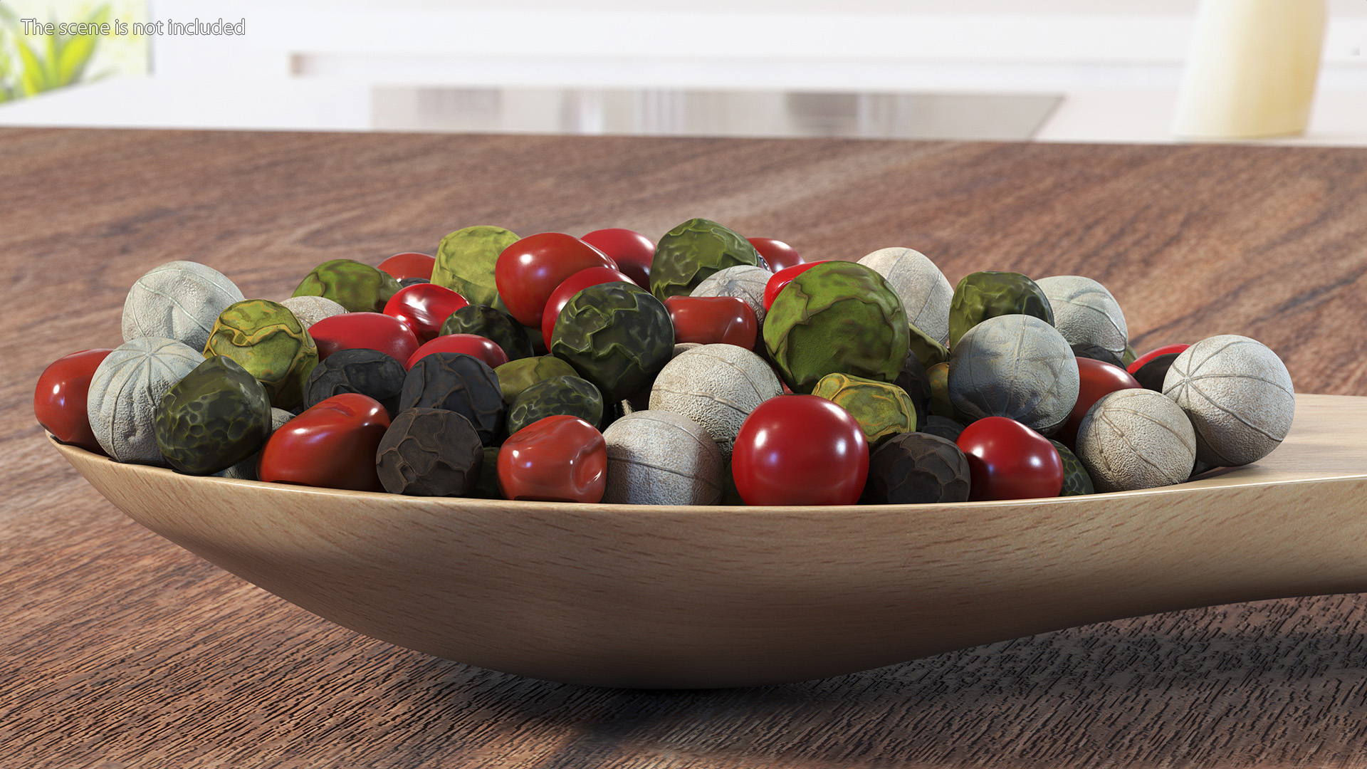 Dried Peppercorns Mix with Wooden Spoon 3D model
