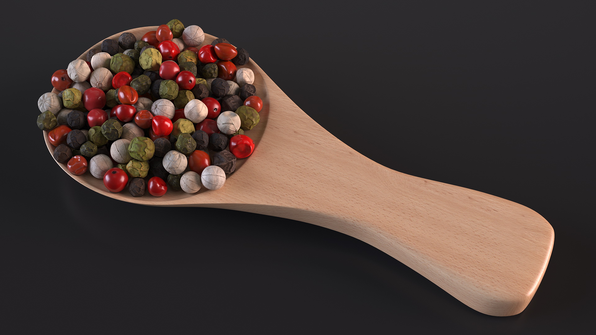 Dried Peppercorns Mix with Wooden Spoon 3D model