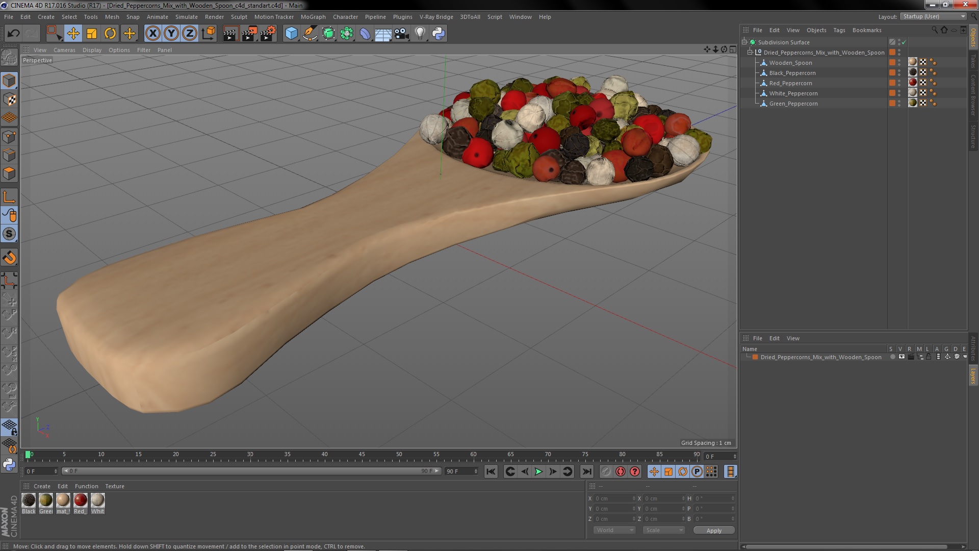 Dried Peppercorns Mix with Wooden Spoon 3D model