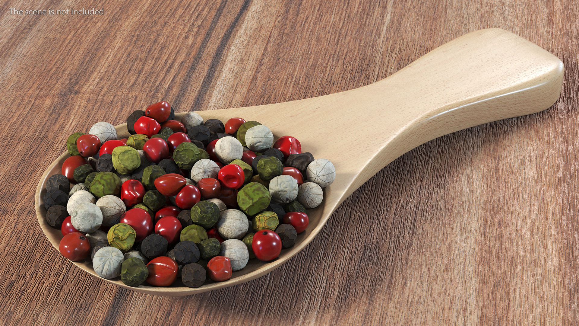 Dried Peppercorns Mix with Wooden Spoon 3D model