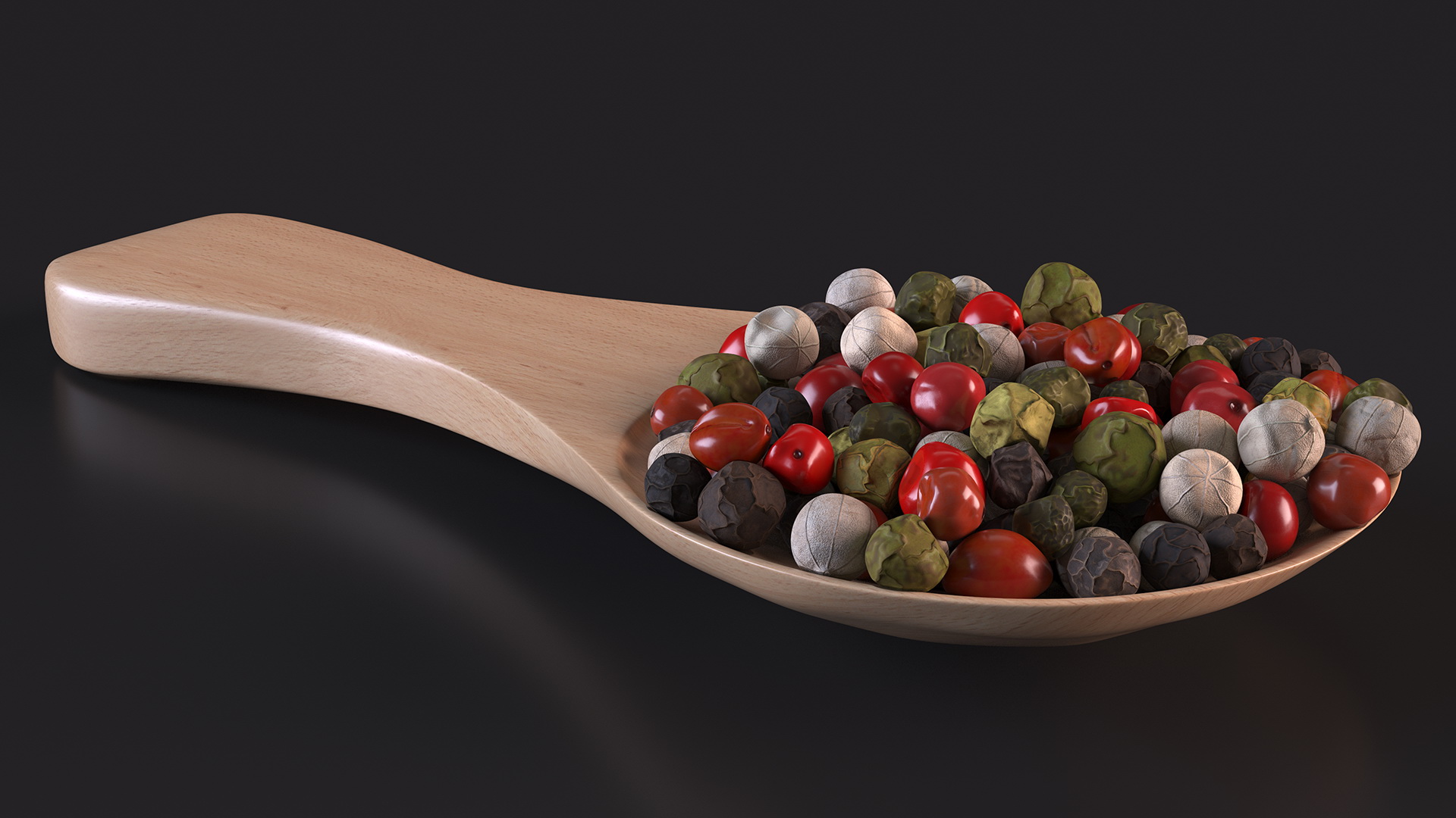 Dried Peppercorns Mix with Wooden Spoon 3D model