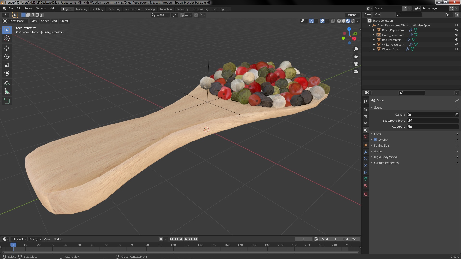 Dried Peppercorns Mix with Wooden Spoon 3D model