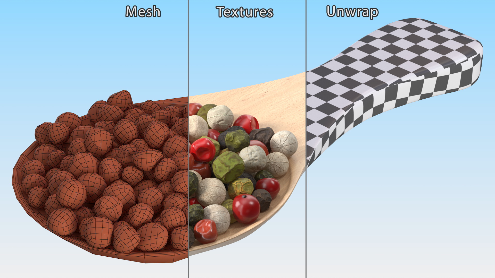 Dried Peppercorns Mix with Wooden Spoon 3D model