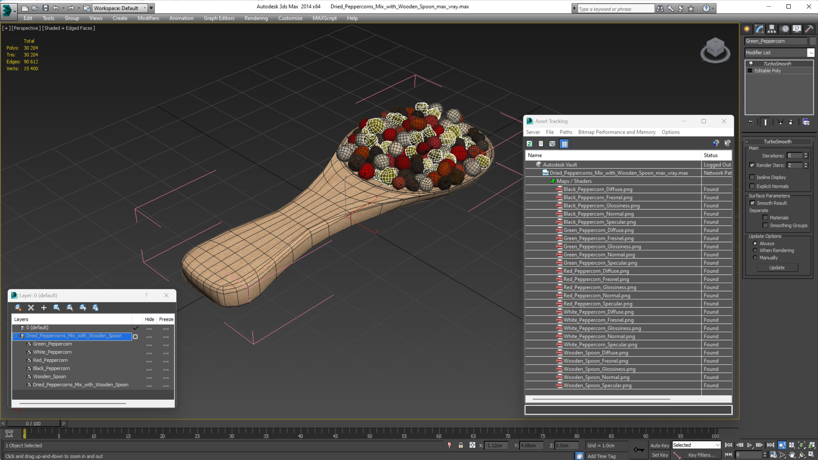 Dried Peppercorns Mix with Wooden Spoon 3D model