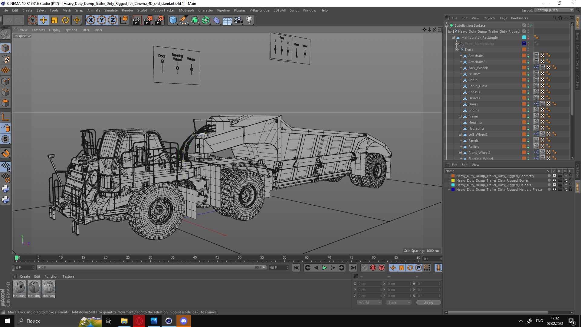 3D model Heavy Duty Dump Trailer Clean Rigged for Cinema 4D