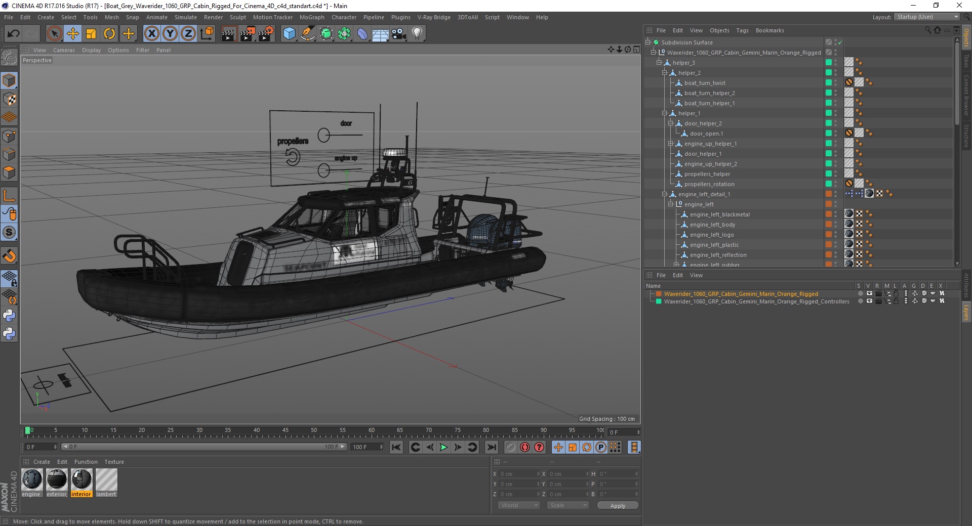 3D model Boat Grey Waverider 1060 GRP Cabin Rigged for Cinema 4D