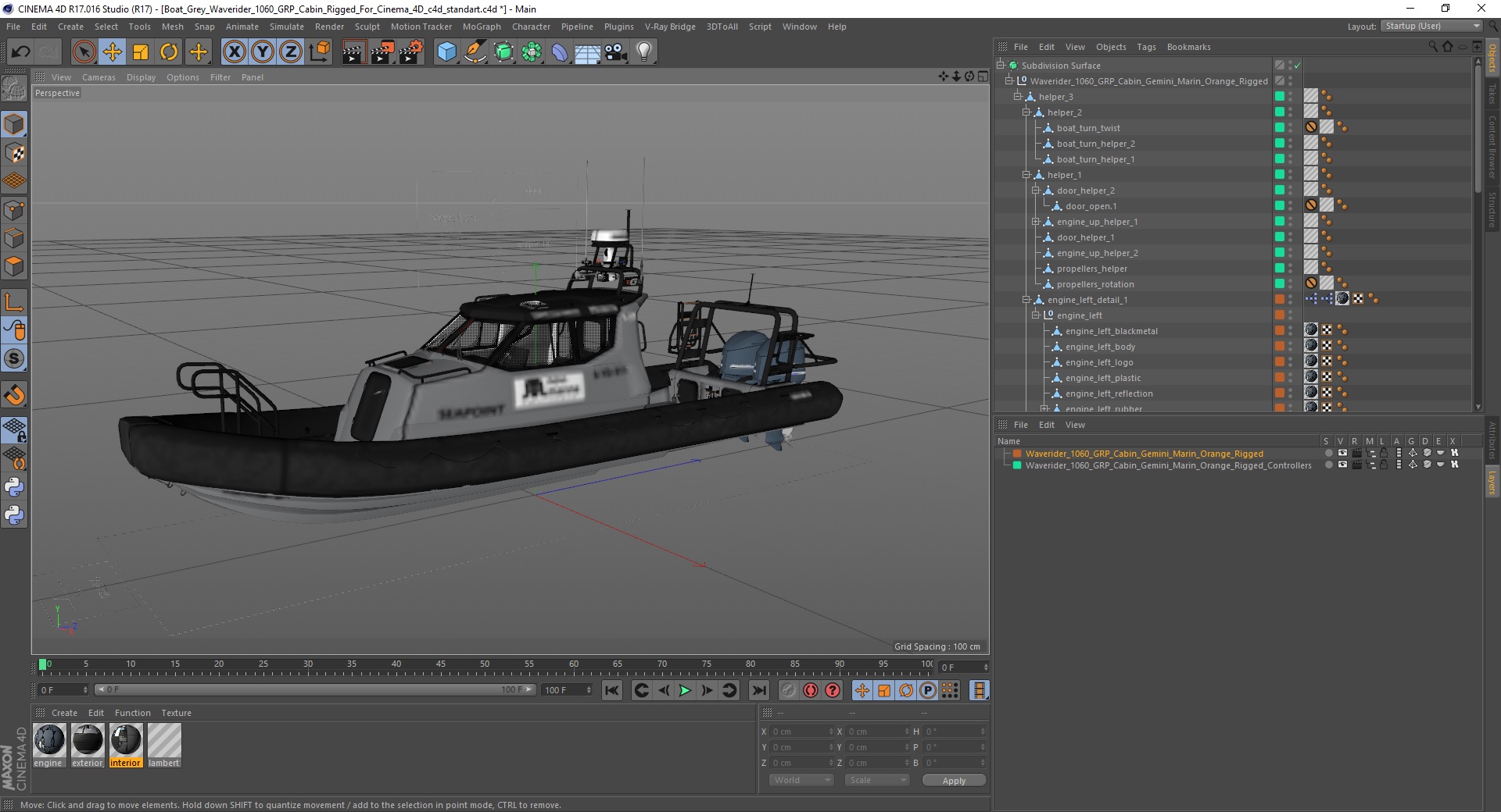 3D model Boat Grey Waverider 1060 GRP Cabin Rigged for Cinema 4D