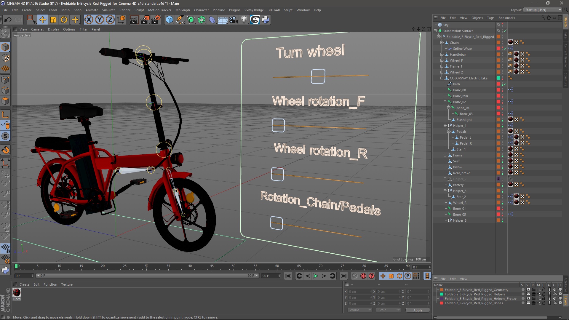 3D Foldable E-Bicycle Red Rigged for Cinema 4D model