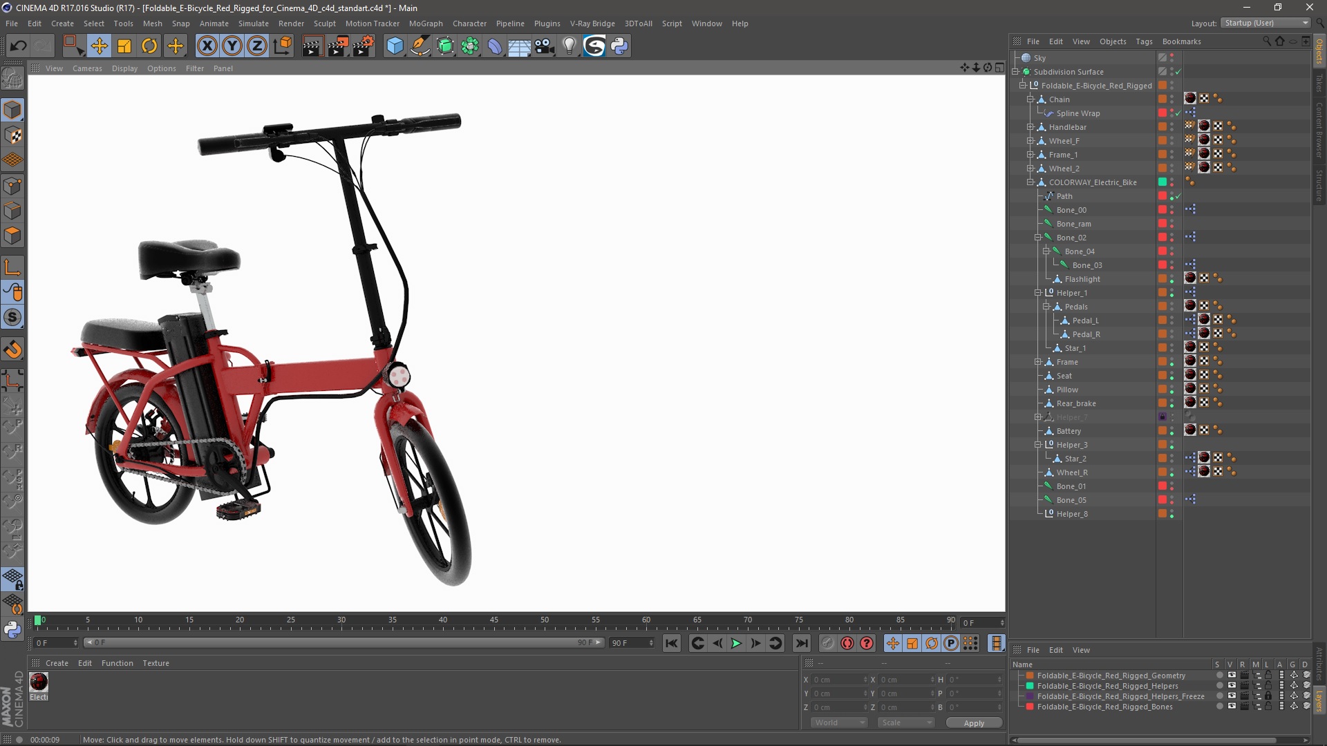 3D Foldable E-Bicycle Red Rigged for Cinema 4D model