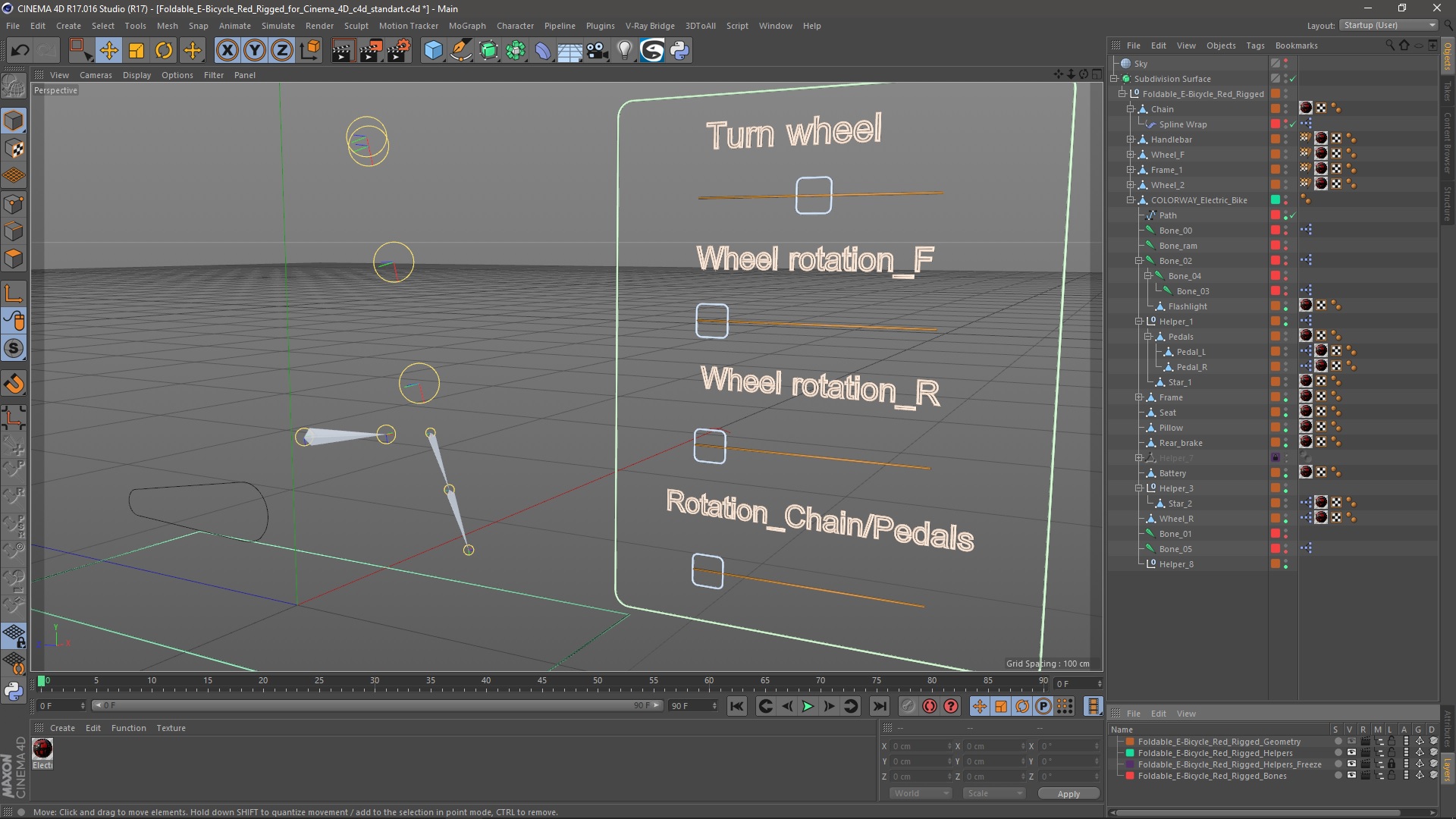 3D Foldable E-Bicycle Red Rigged for Cinema 4D model