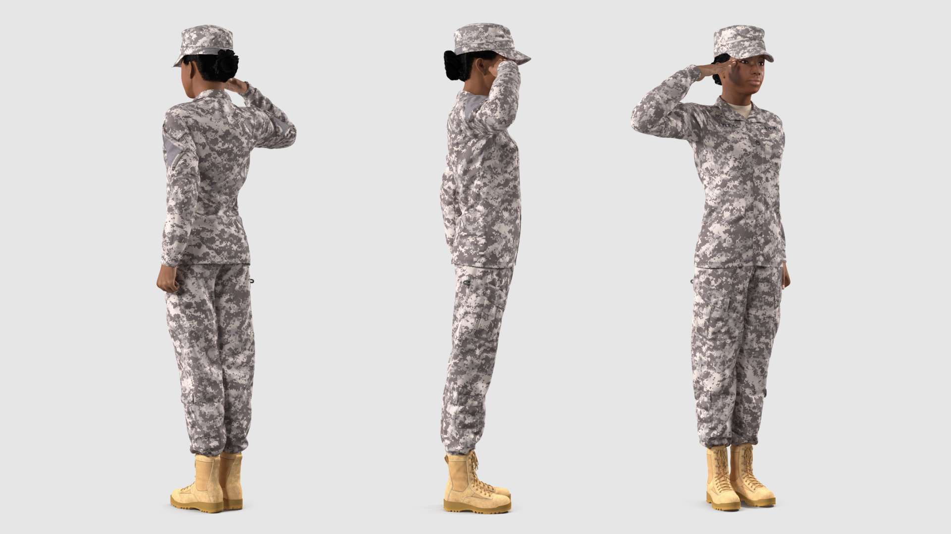 3D Black Female Soldier Military ACU Saluting Pose Fur