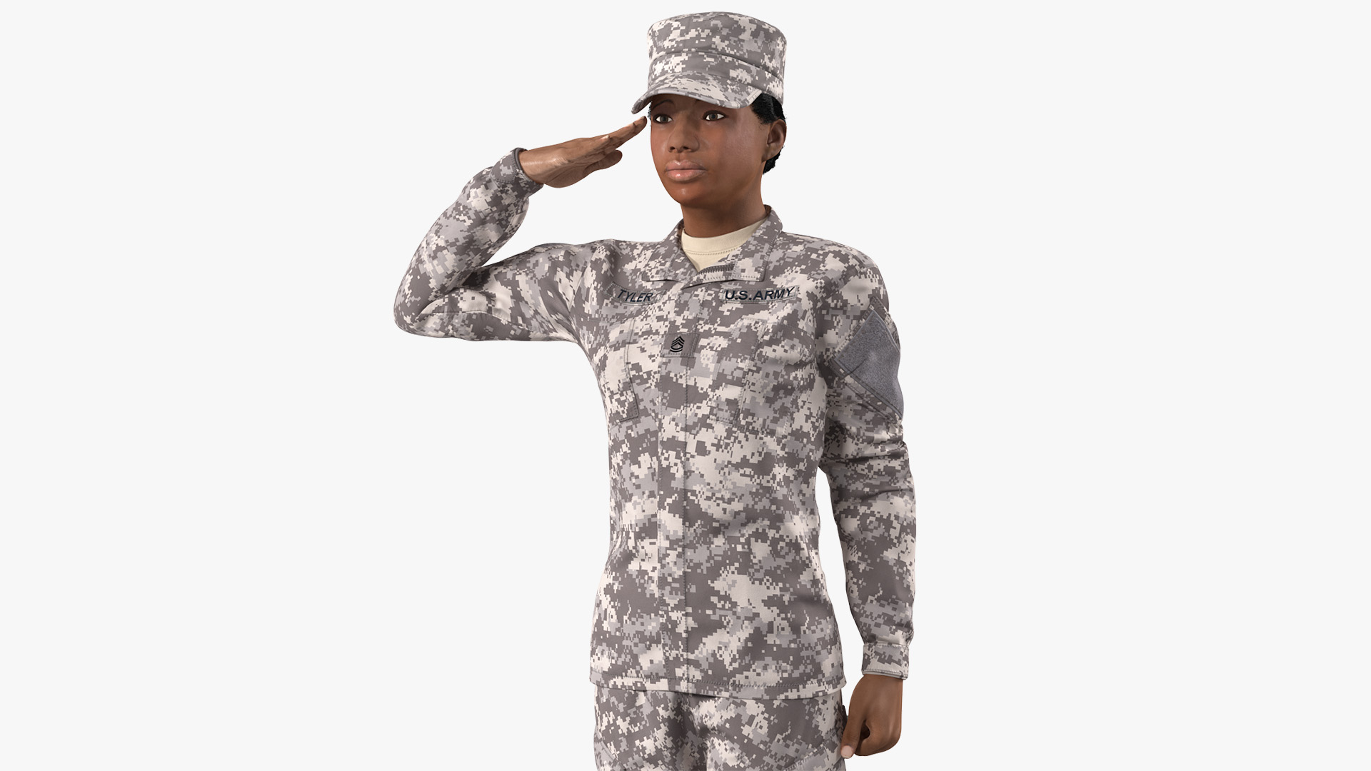 3D Black Female Soldier Military ACU Saluting Pose Fur