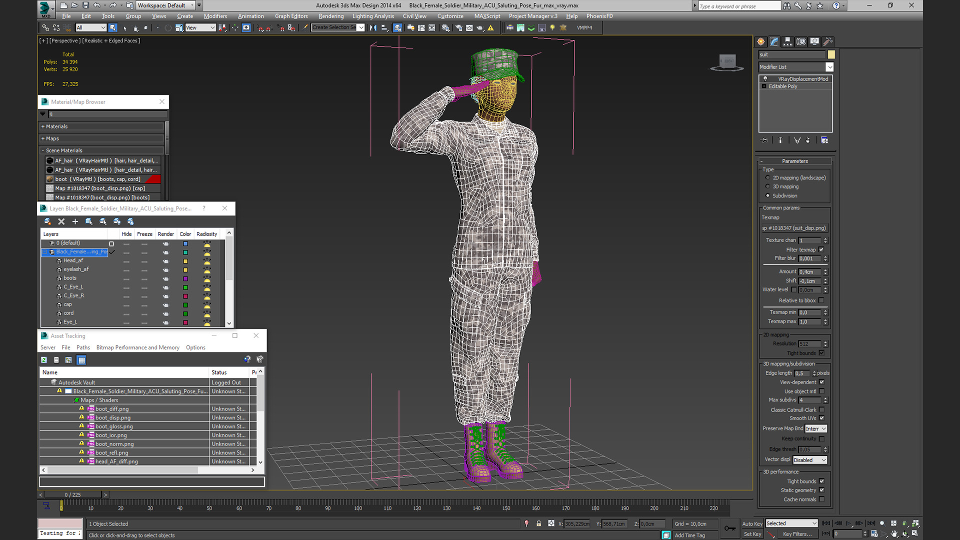 3D Black Female Soldier Military ACU Saluting Pose Fur