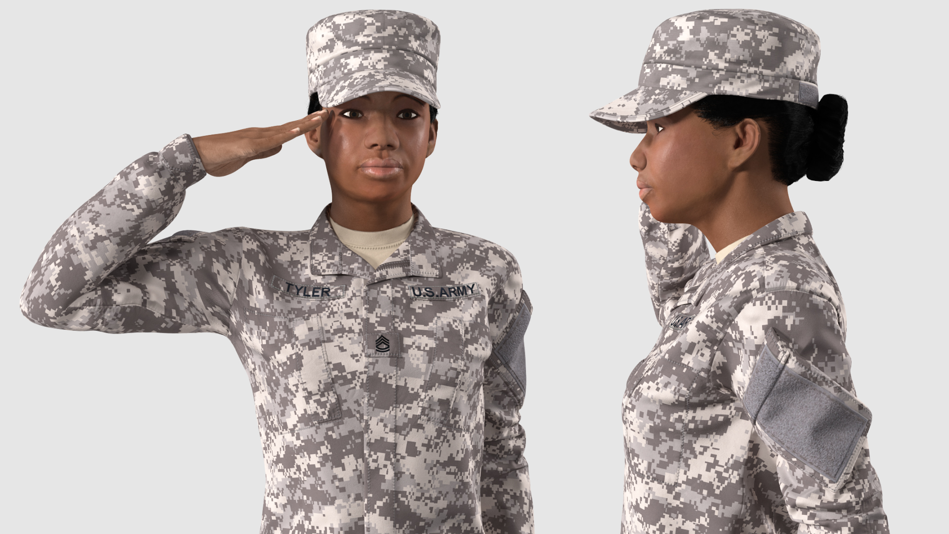 3D Black Female Soldier Military ACU Saluting Pose Fur