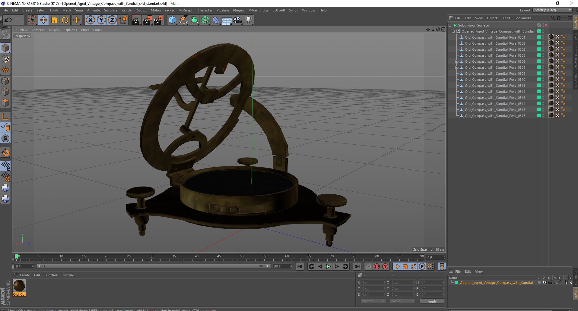 3D model Opened Aged Vintage Compass with Sundial