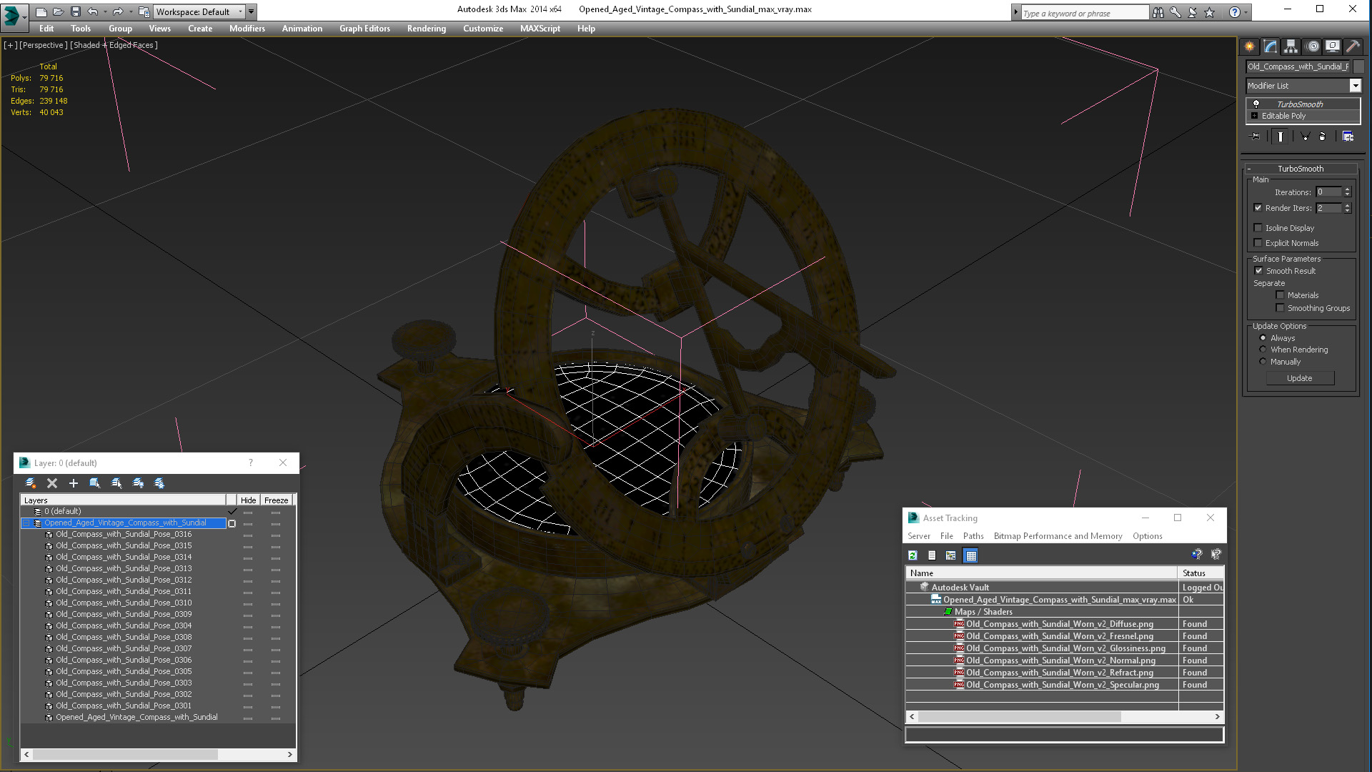 3D model Opened Aged Vintage Compass with Sundial