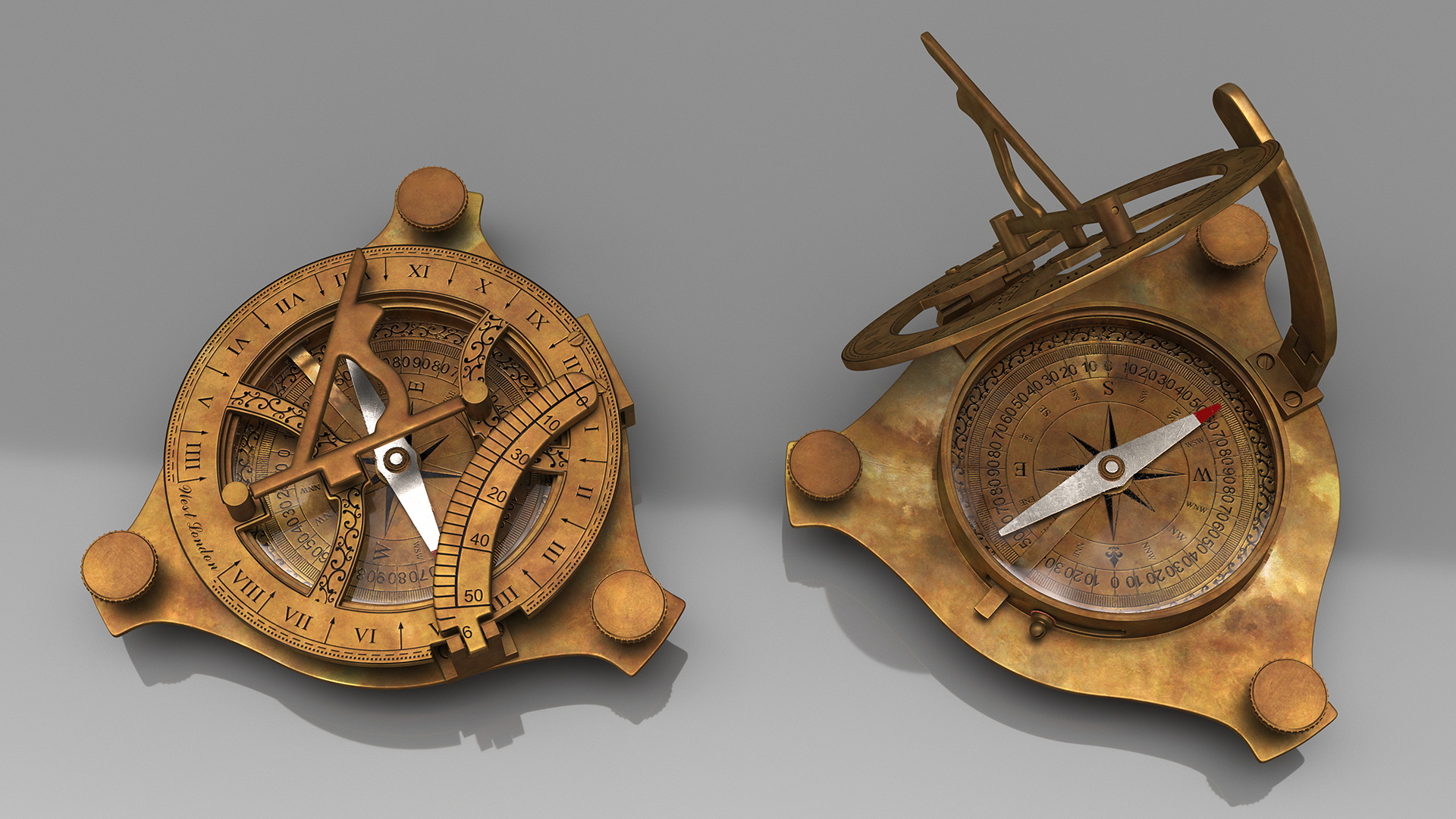 3D model Opened Aged Vintage Compass with Sundial