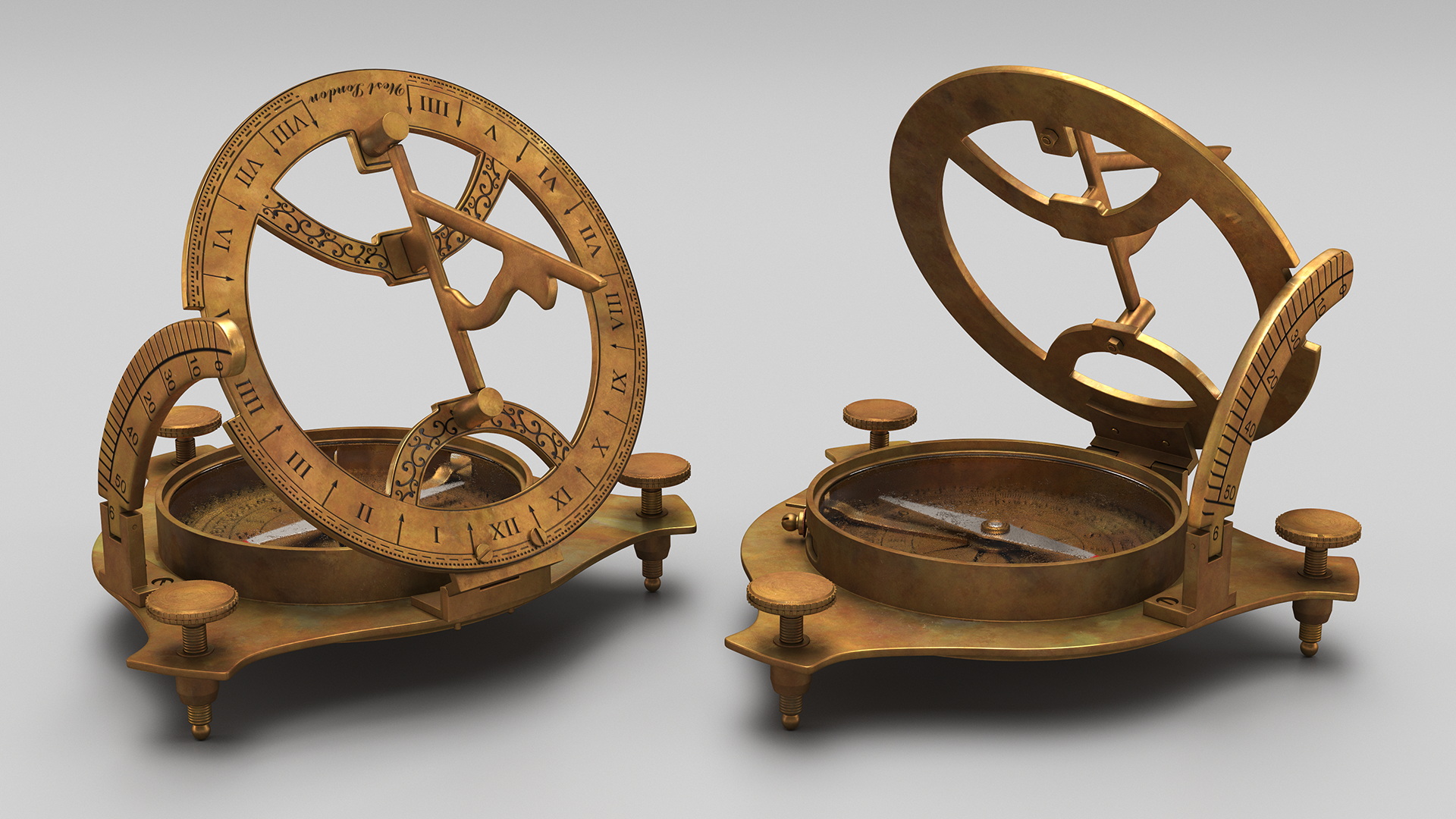 3D model Opened Aged Vintage Compass with Sundial