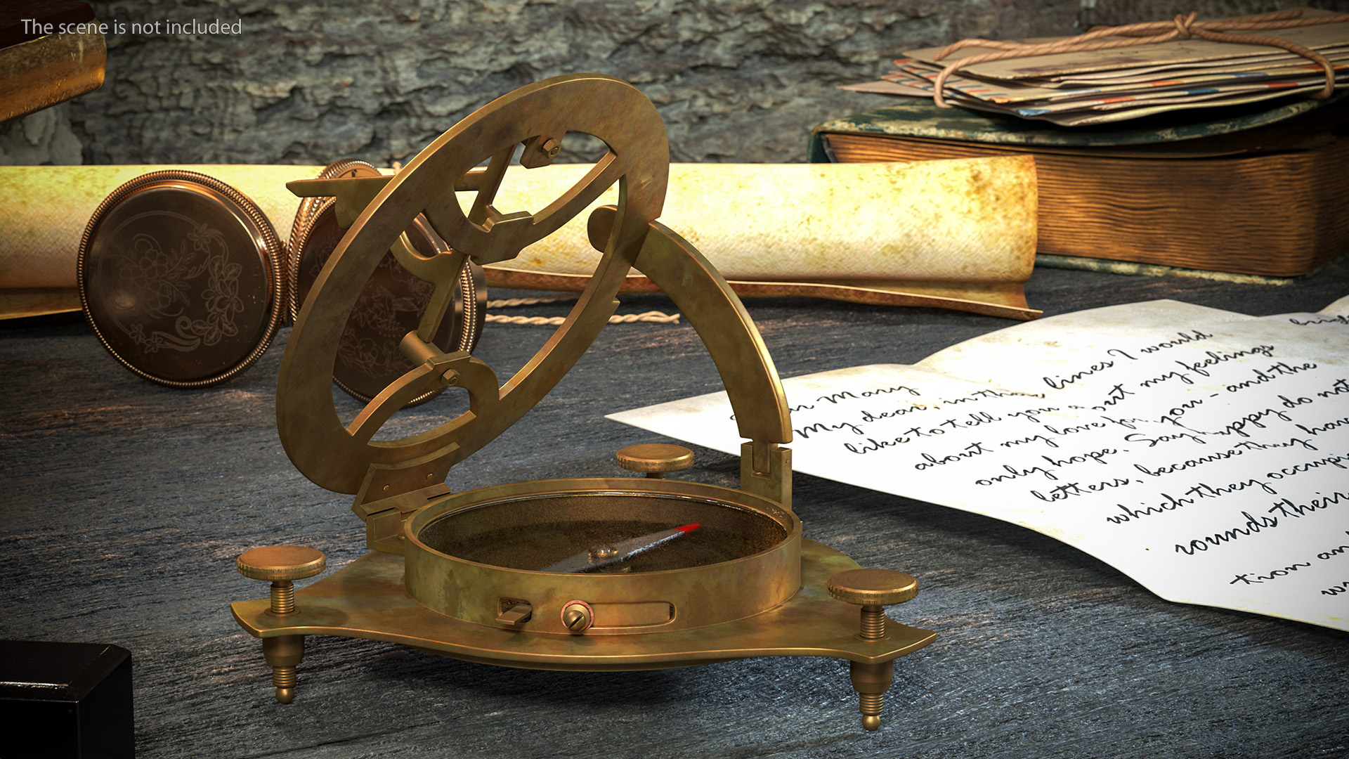 3D model Opened Aged Vintage Compass with Sundial