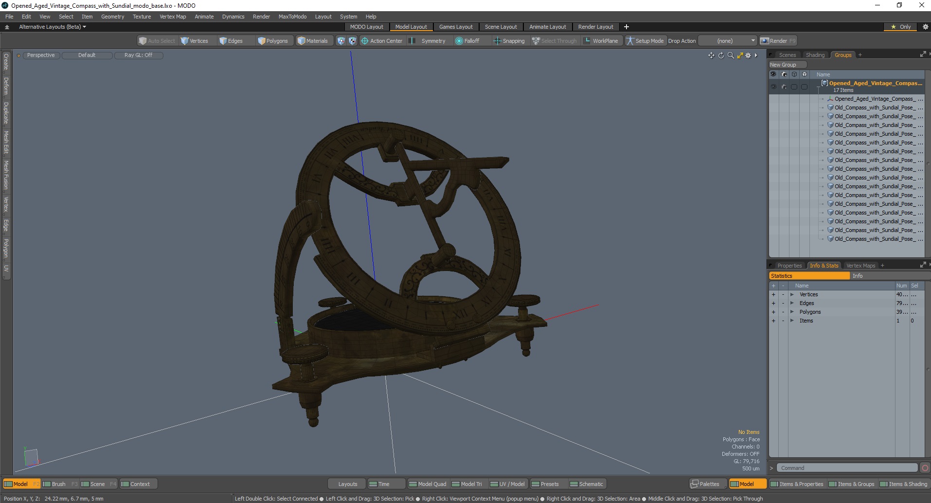 3D model Opened Aged Vintage Compass with Sundial