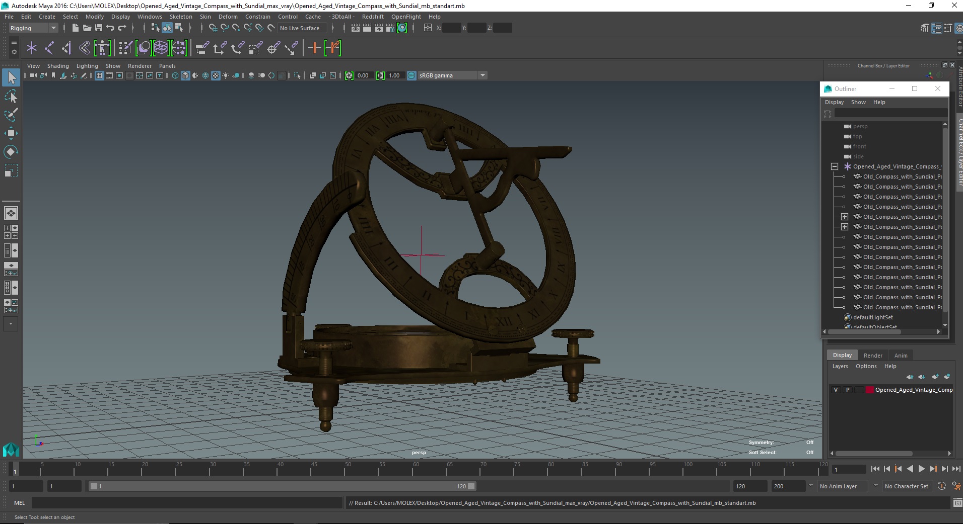 3D model Opened Aged Vintage Compass with Sundial