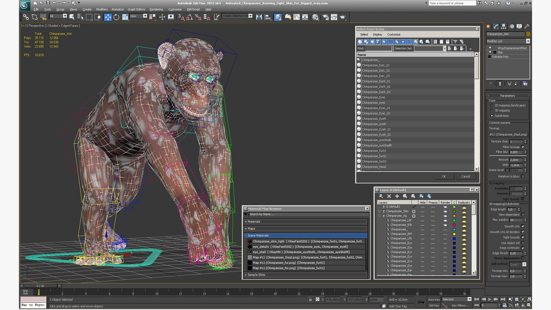 Animated Chimpanzee Running Light Skin Fur Rigged 3D model