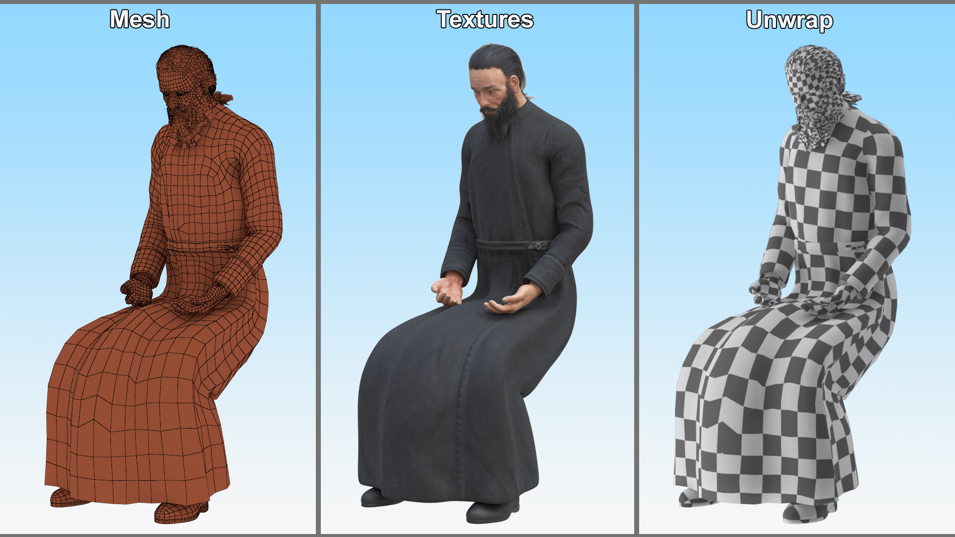Sitting Orthodox Monk Wearing Cassock 3D