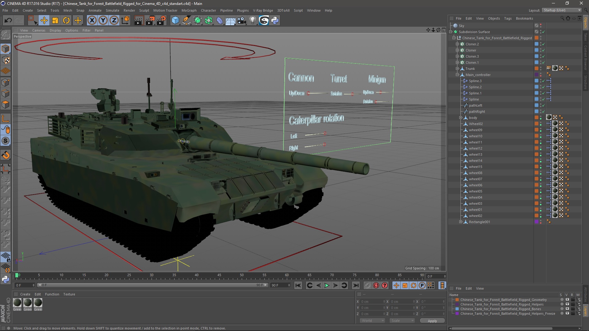 3D Chinese Tank for Forest Battlefield Rigged for Cinema 4D