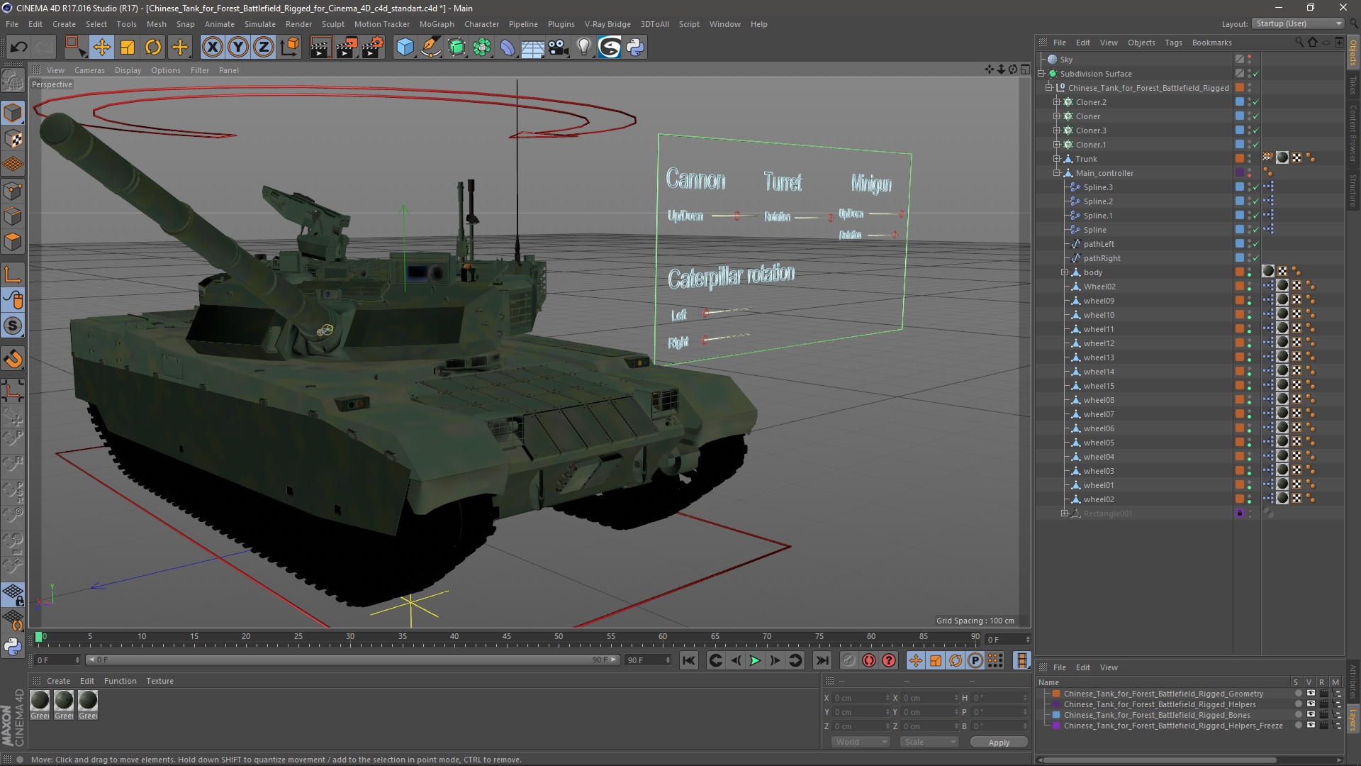 3D Chinese Tank for Forest Battlefield Rigged for Cinema 4D