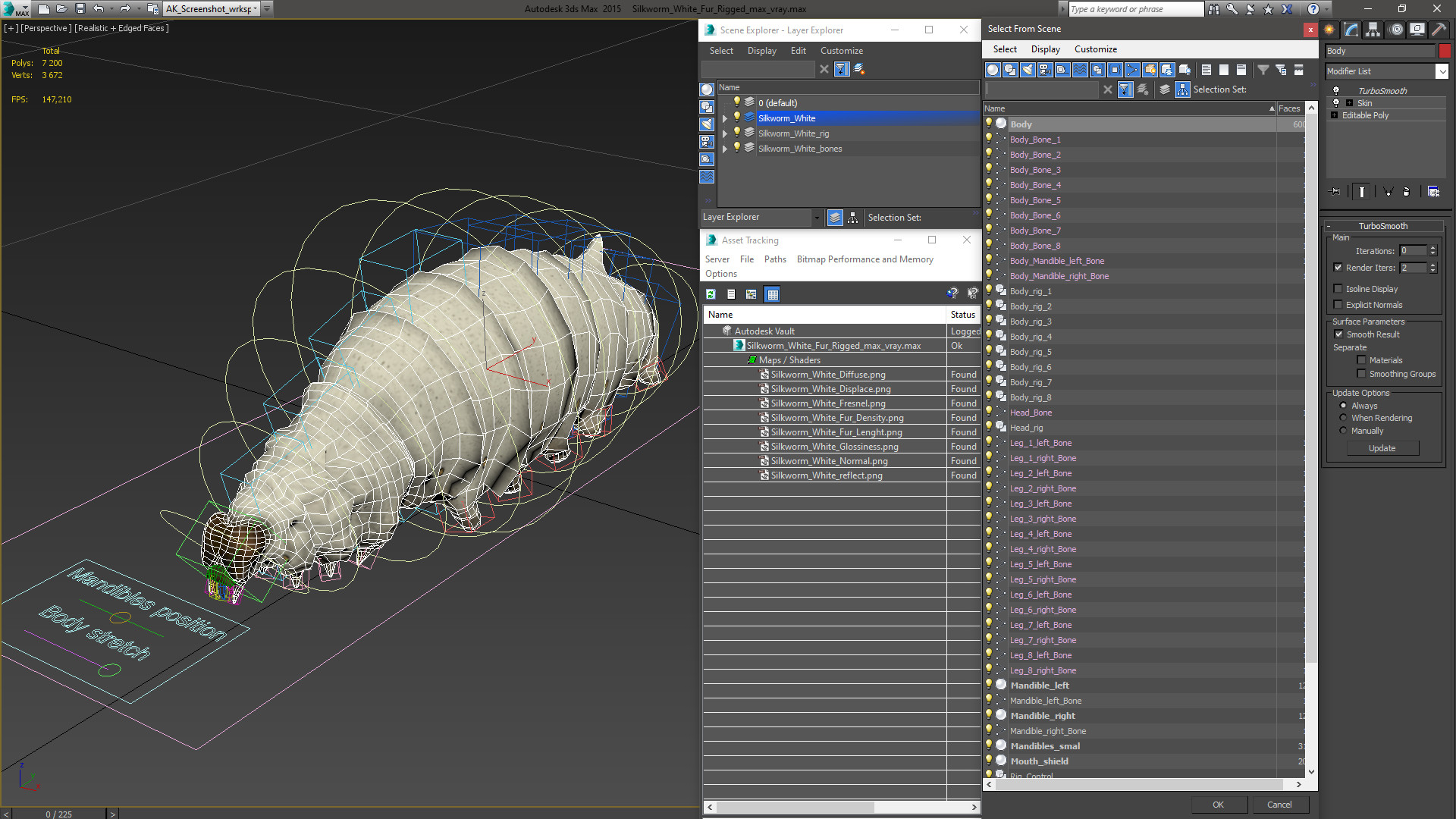 3D model Silkworm White Fur Rigged