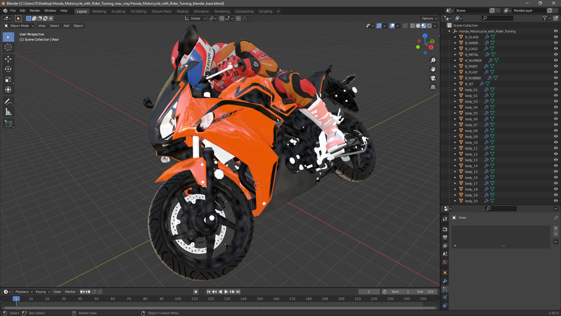 3D model Honda Motorcycle with Rider Turning