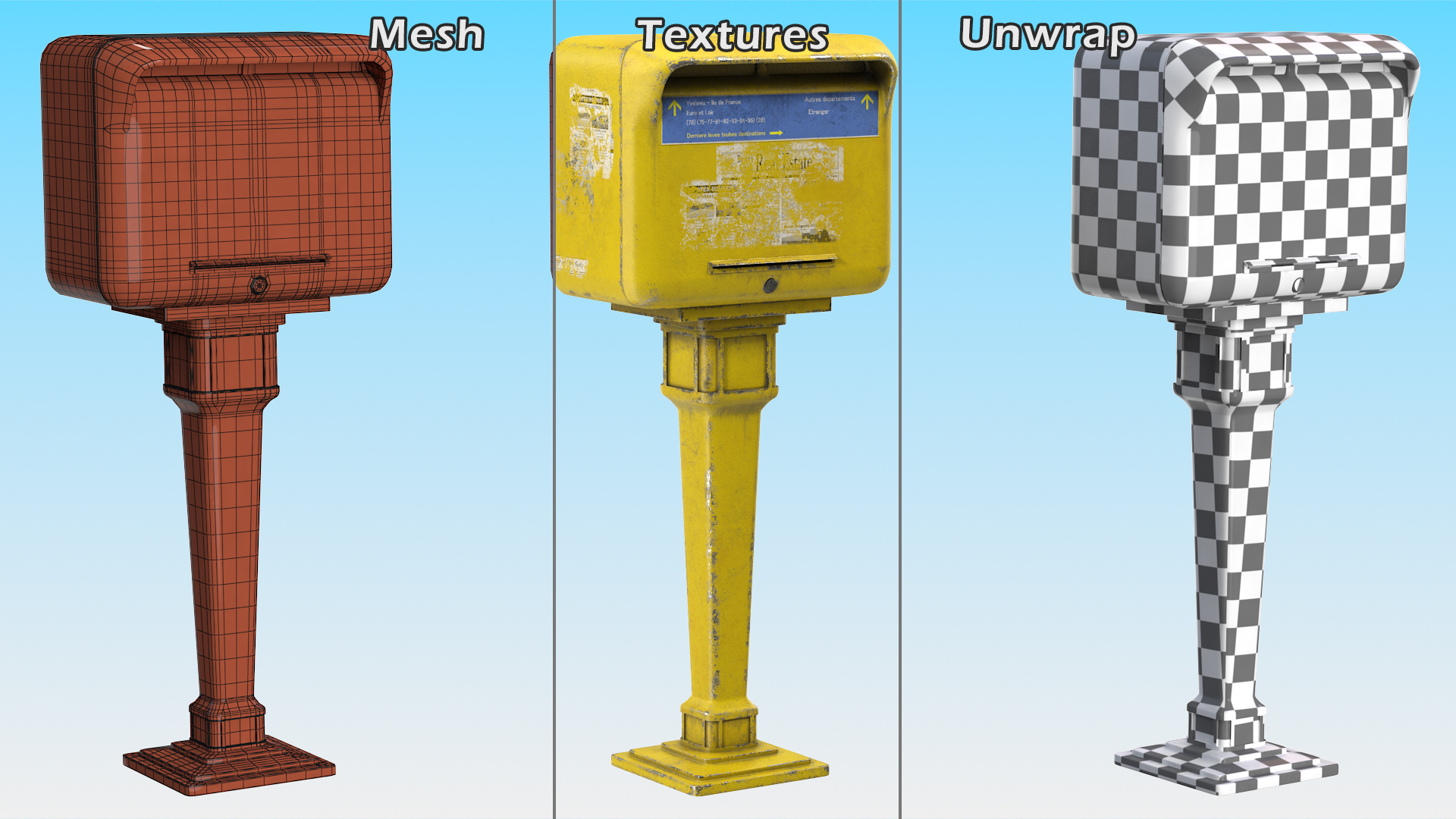 Vintage French Yellow Mailbox Post 3D model