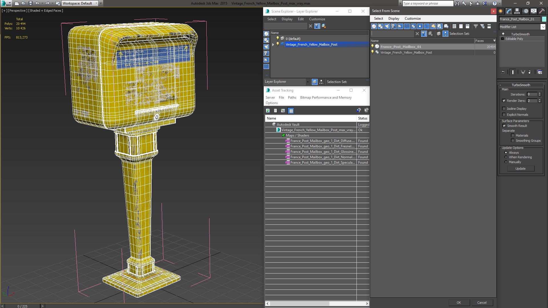 Vintage French Yellow Mailbox Post 3D model
