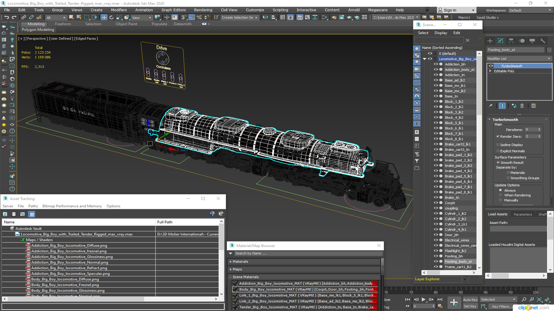 3D model Locomotive Big Boy with Trailed Tender Rigged