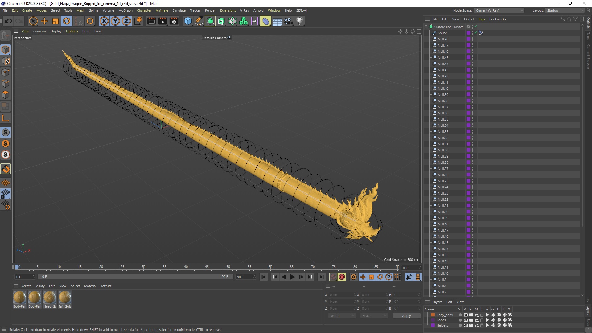 Gold Naga Dragon Rigged for Cinema 4D 3D