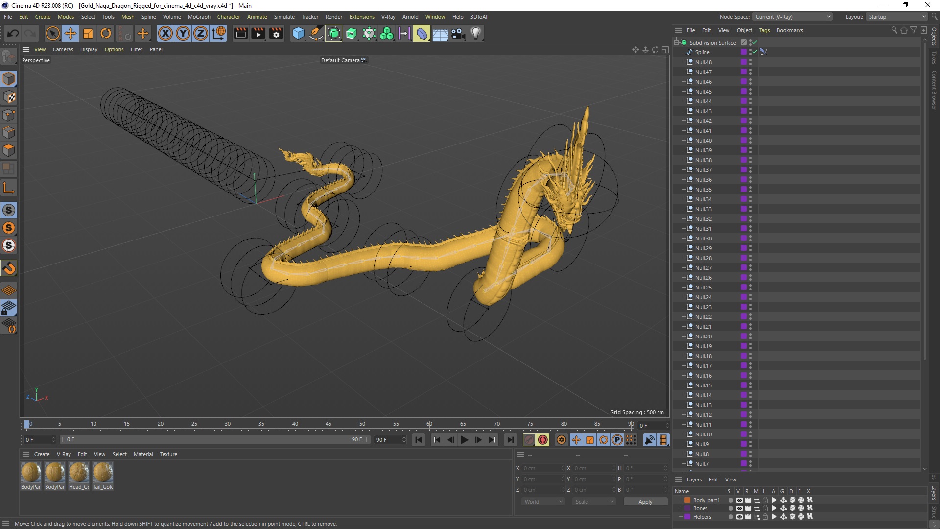 Gold Naga Dragon Rigged for Cinema 4D 3D