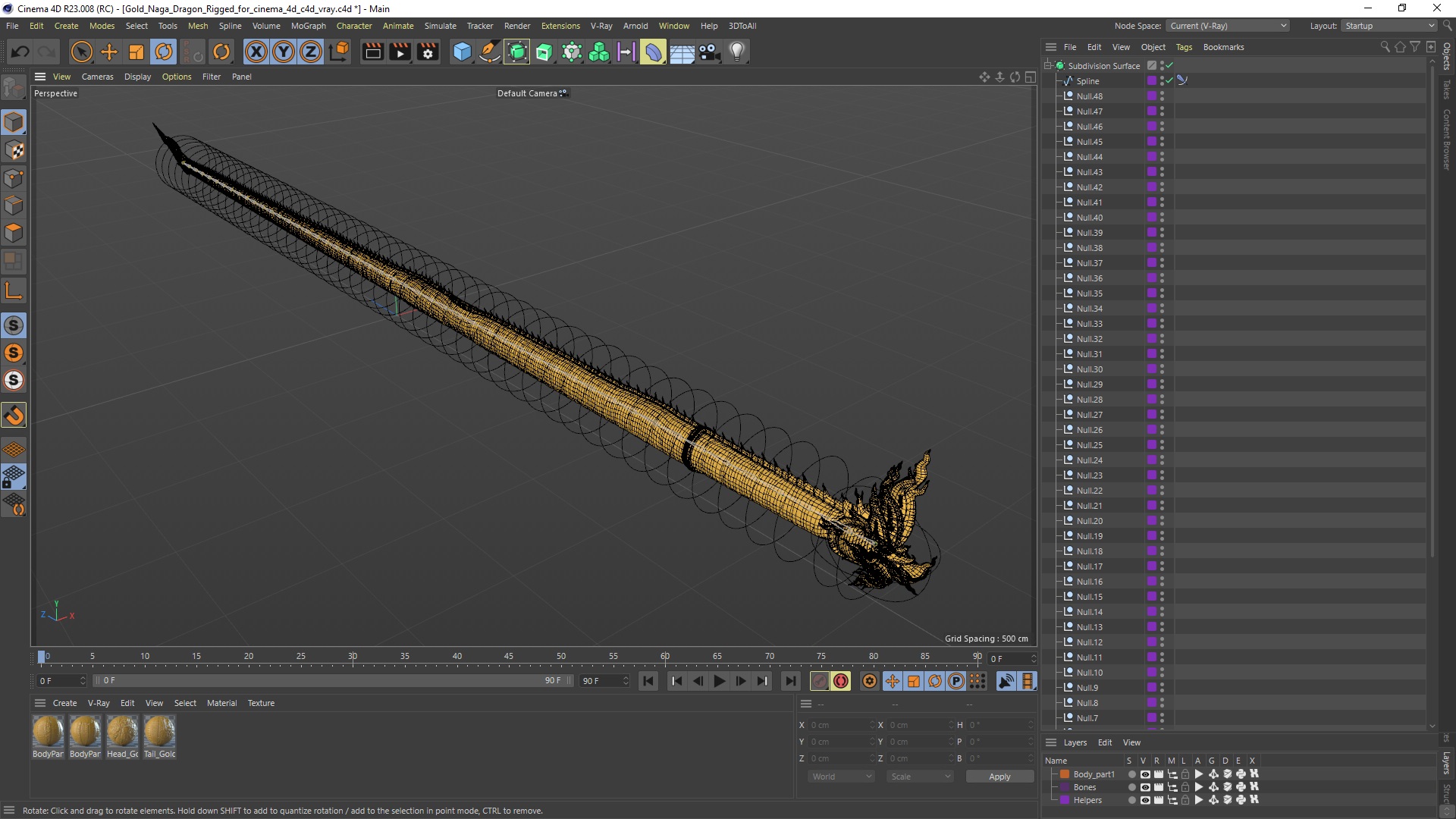 Gold Naga Dragon Rigged for Cinema 4D 3D