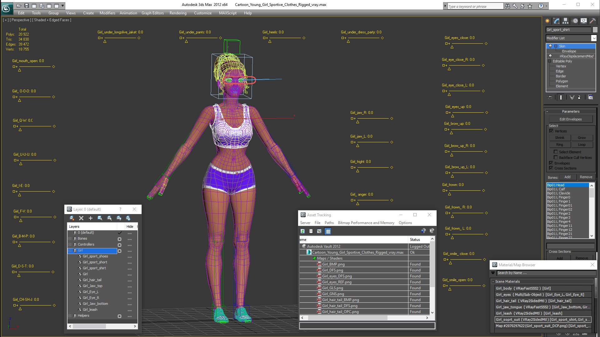 3D Cartoon Young Girl Sportive Clothes Rigged for Cinema 4D