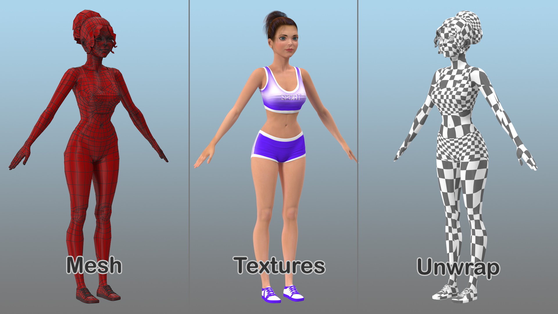 3D Cartoon Young Girl Sportive Clothes Rigged for Cinema 4D