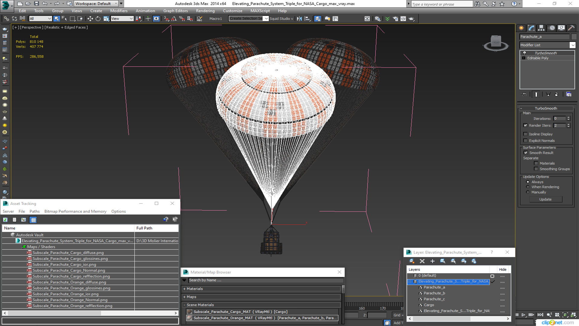 3D Elevating Parachute System Triple for NASA Cargo model